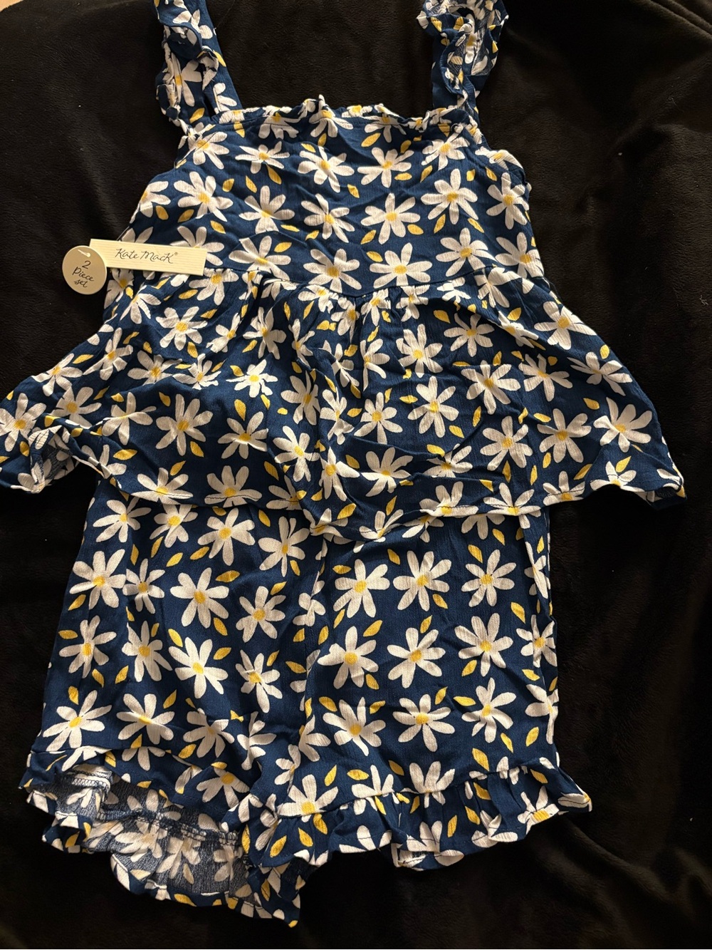 Navy Floral Ruffle Tank & Shorts Set - White & Yellow Daisy Print